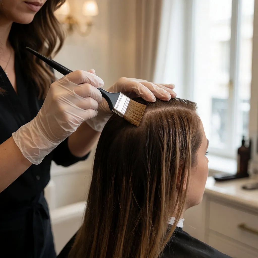 Coiffeur appliquant une coloration brune sur les racines d’une cliente en salon