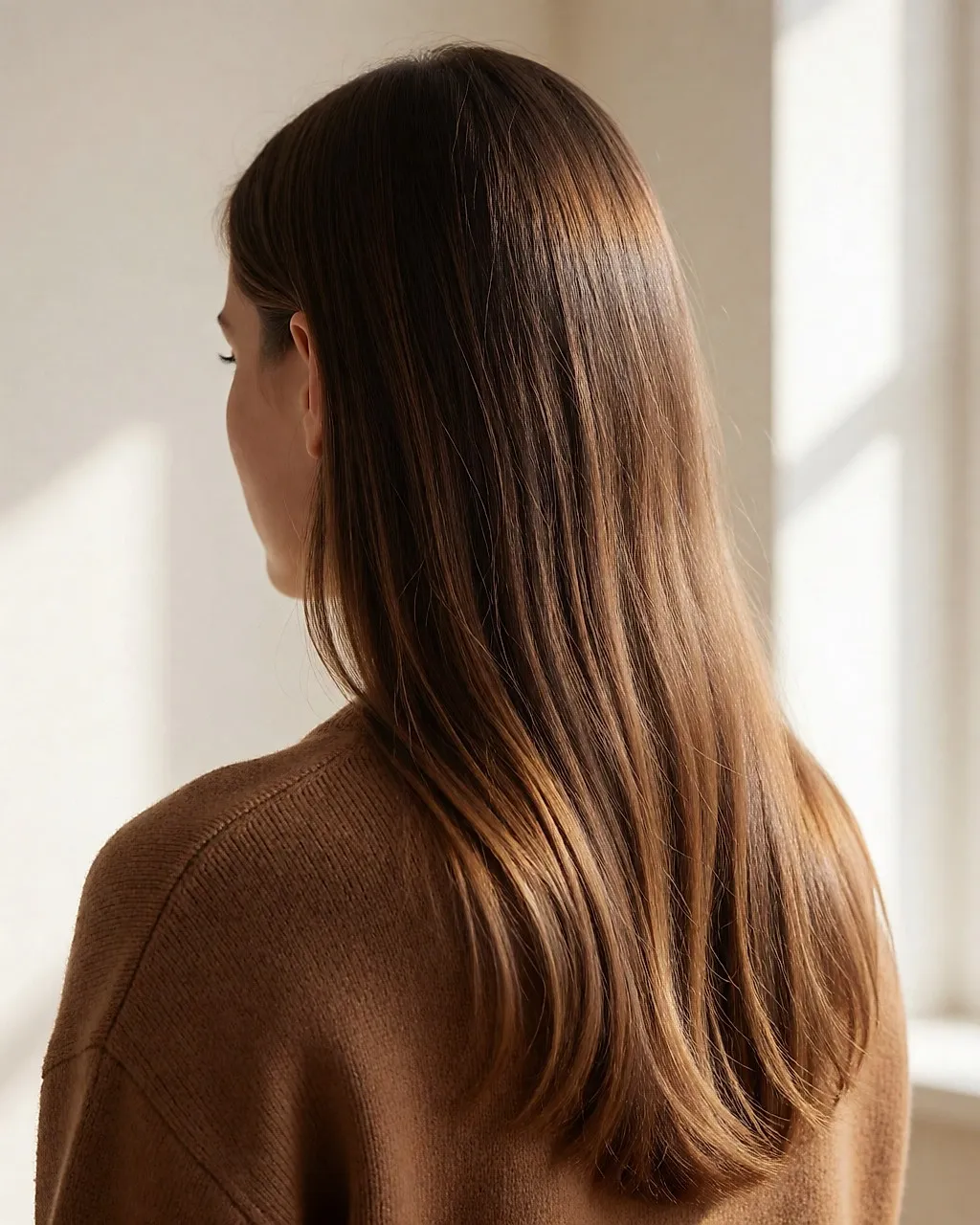 Longs cheveux bruns brillants aux reflets chauds, vus de dos
