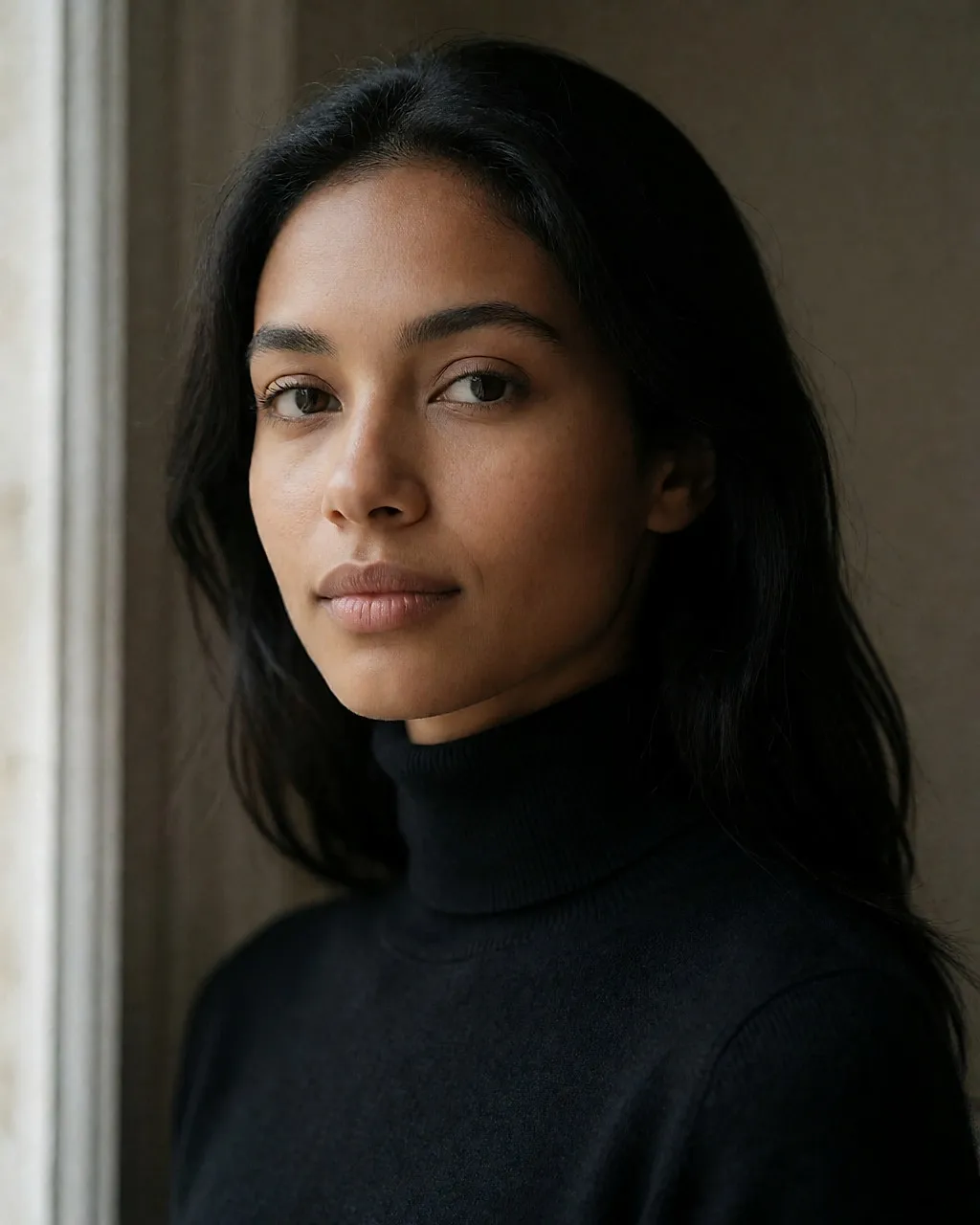 Portrait d'une femme aux cheveux brun noir très foncé sur un fond sombre