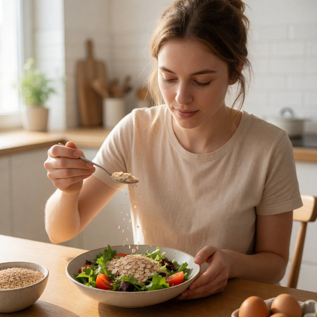 Jeune femme à la peau claire saupoudrant de la levure de bière sur une salade dans une cuisine lumineuse