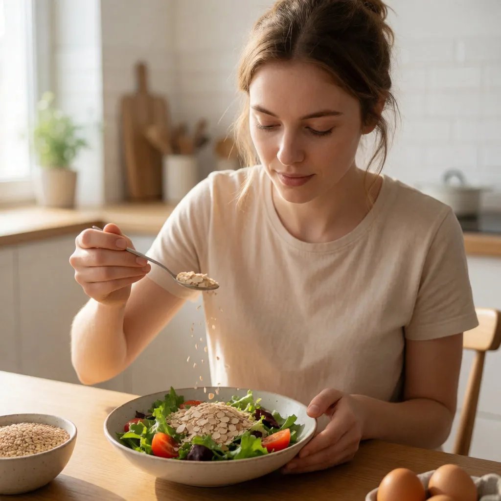 Junge Frau mit heller Haut streut Bierhefe über einen Salat in einer hellen Küche