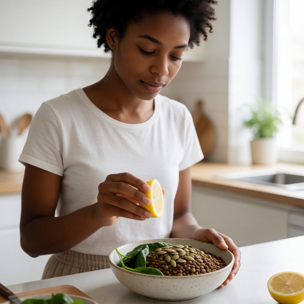 Jeune femme noire préparant un bol de lentilles aux épinards et graines, dans une cuisine claire