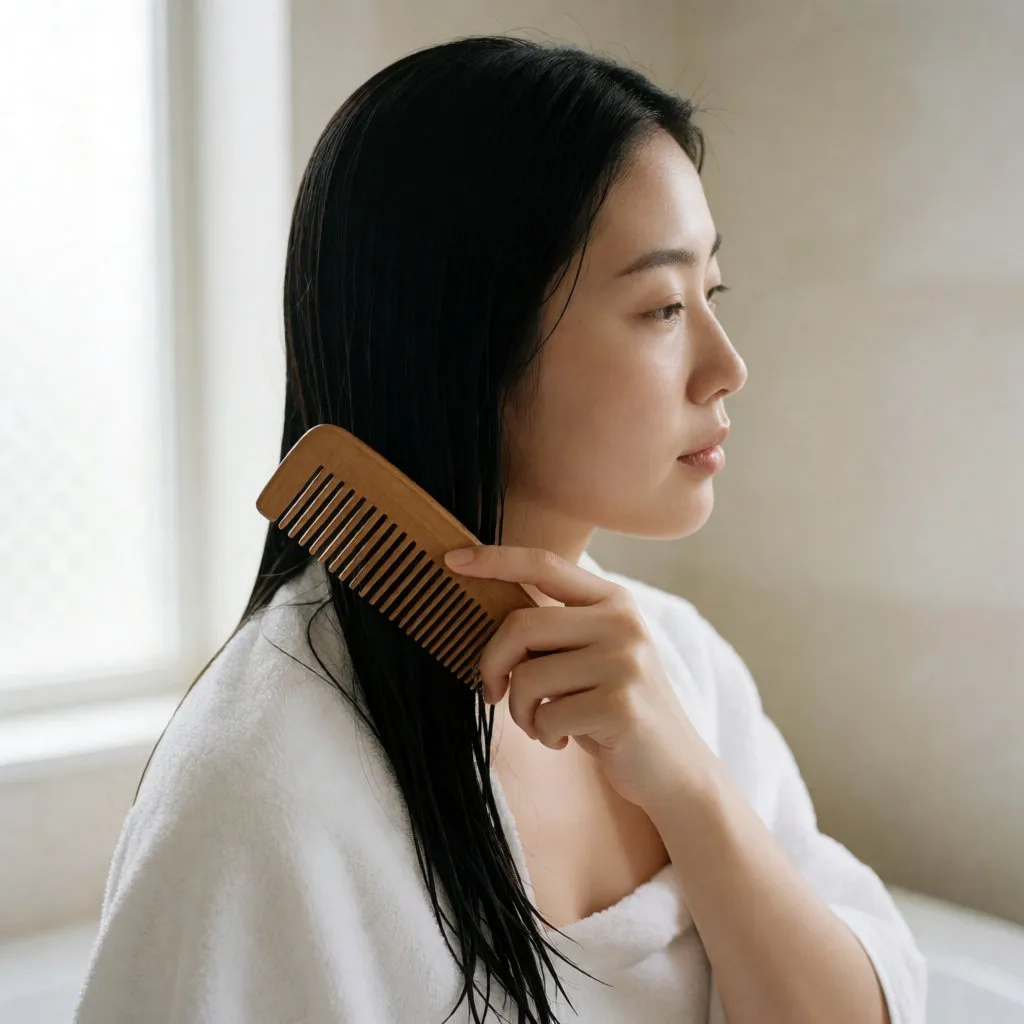 Junge asiatische Frau kämmt ihr feuchtes Haar mit einem Holzkamm in einem hellen Badezimmer