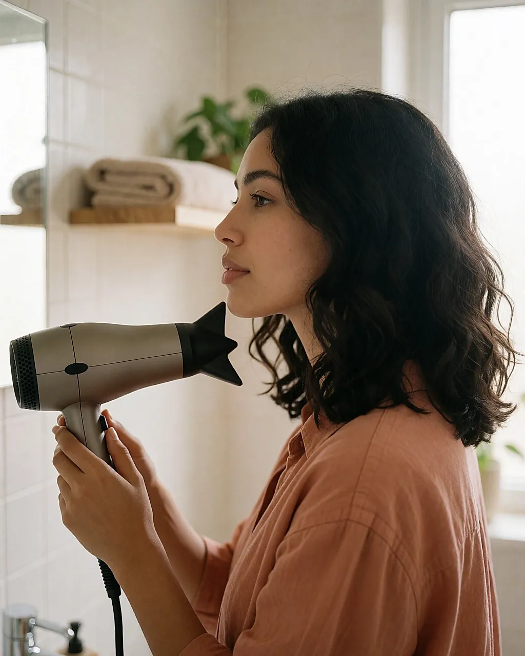 Young woman drying damp hair with the hairdryer held well away from her head