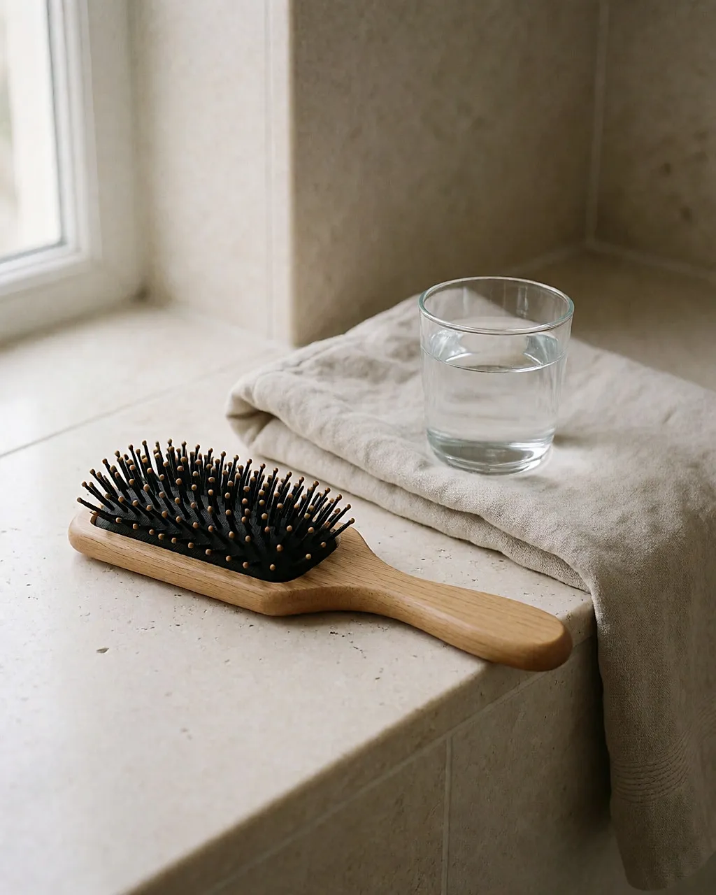 Wooden hairbrush on a stone ledge with a few strands caught between the bristles