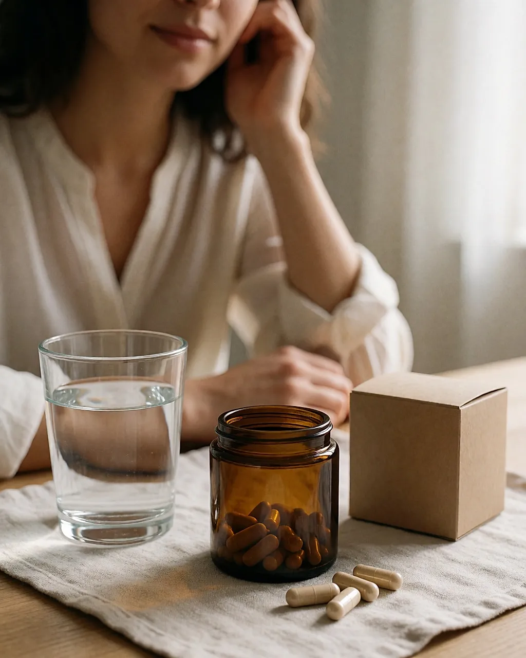 Amber glass jar of supplements with capsules and a glass of water on pale linen