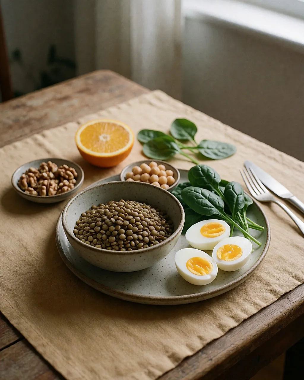 Bowl of lentils, eggs, spinach, walnuts and a sliced orange on a beige linen cloth