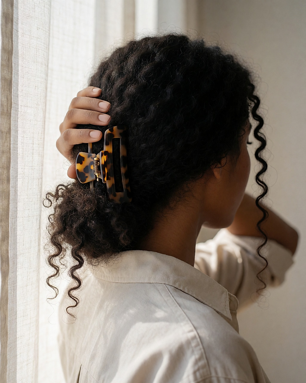 Chignon flou attaché avec une pince griffe, vu de trois-quarts arrière