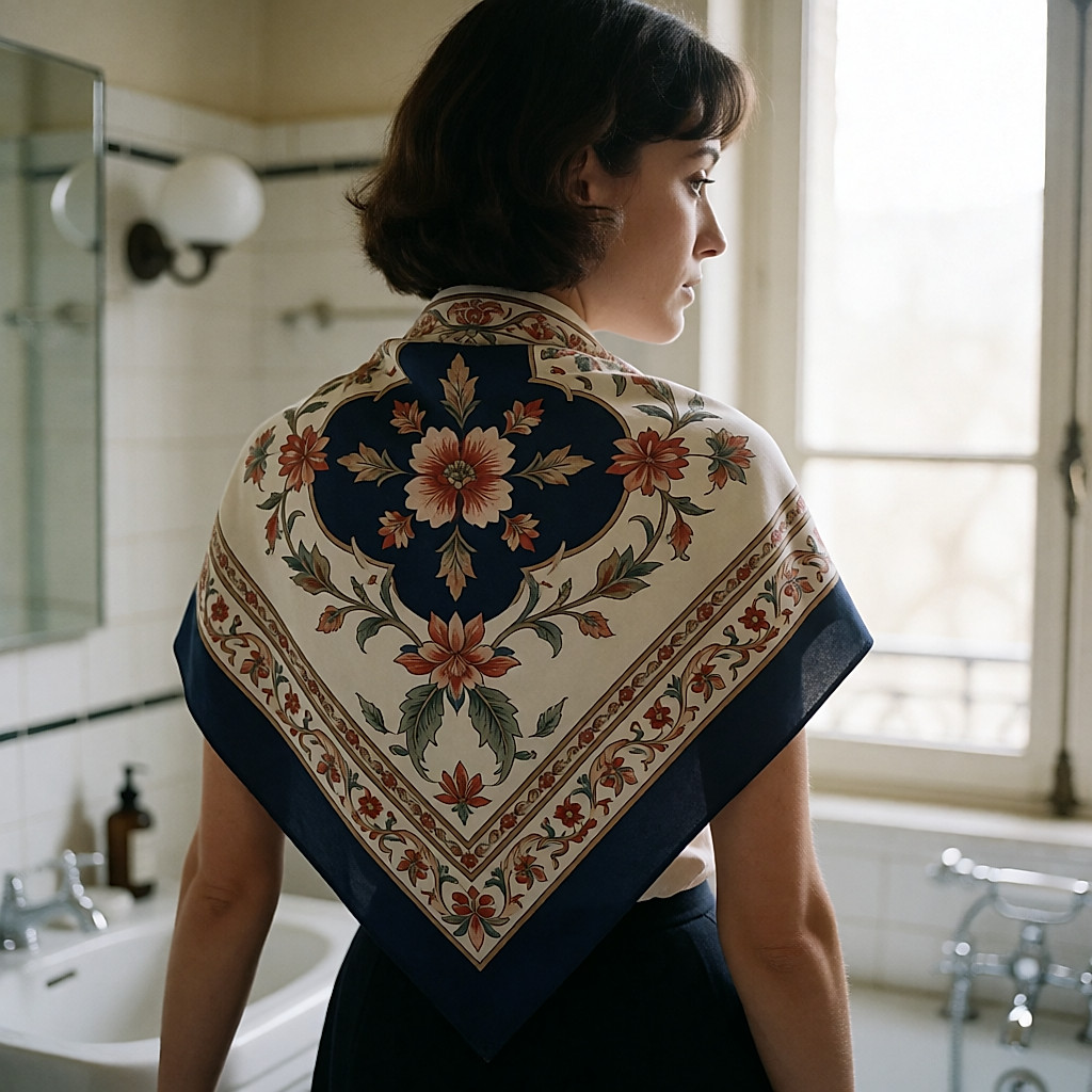 Pañuelo de seda estampado anudado sobre una trenza baja, visto de espaldas en un baño