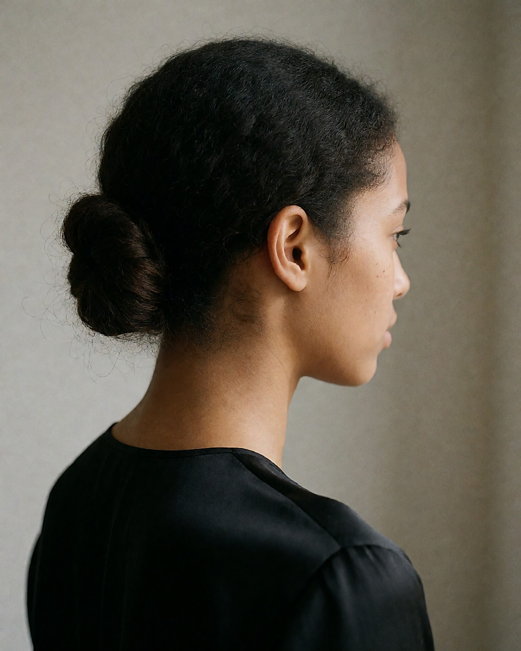 De dos, chignon bas tiré, double lien fin noir autour de la base et volume crêpé au sommet du crâne