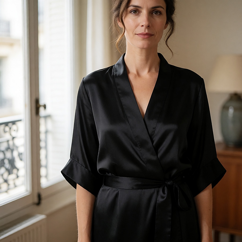 Sehr glatter, glänzender tiefer Dutt, umwunden von einer Strähne, satinschwarzes Kleid