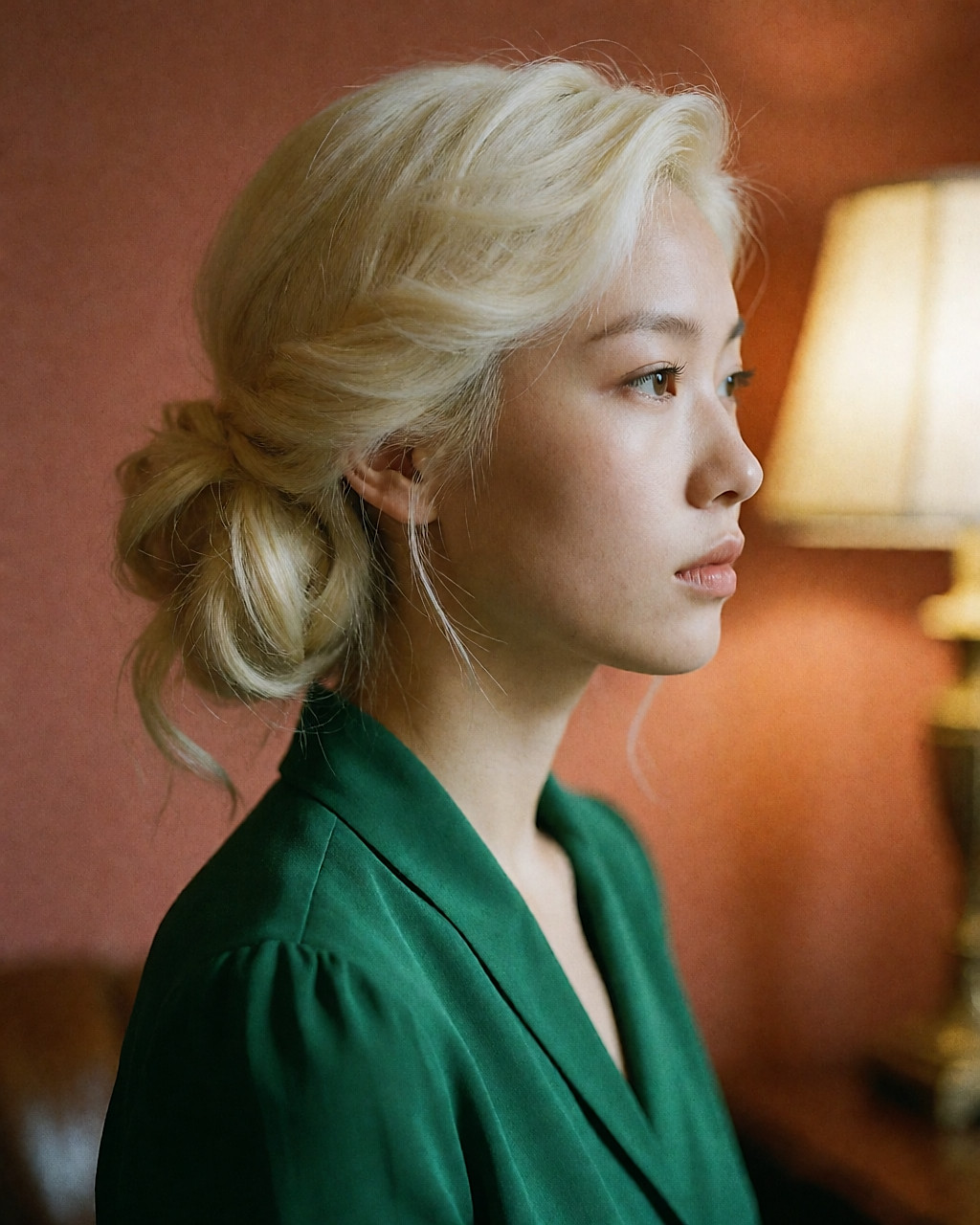 Chignon de côté blond platine, un peu lâche, volume rétro, blouse verte
