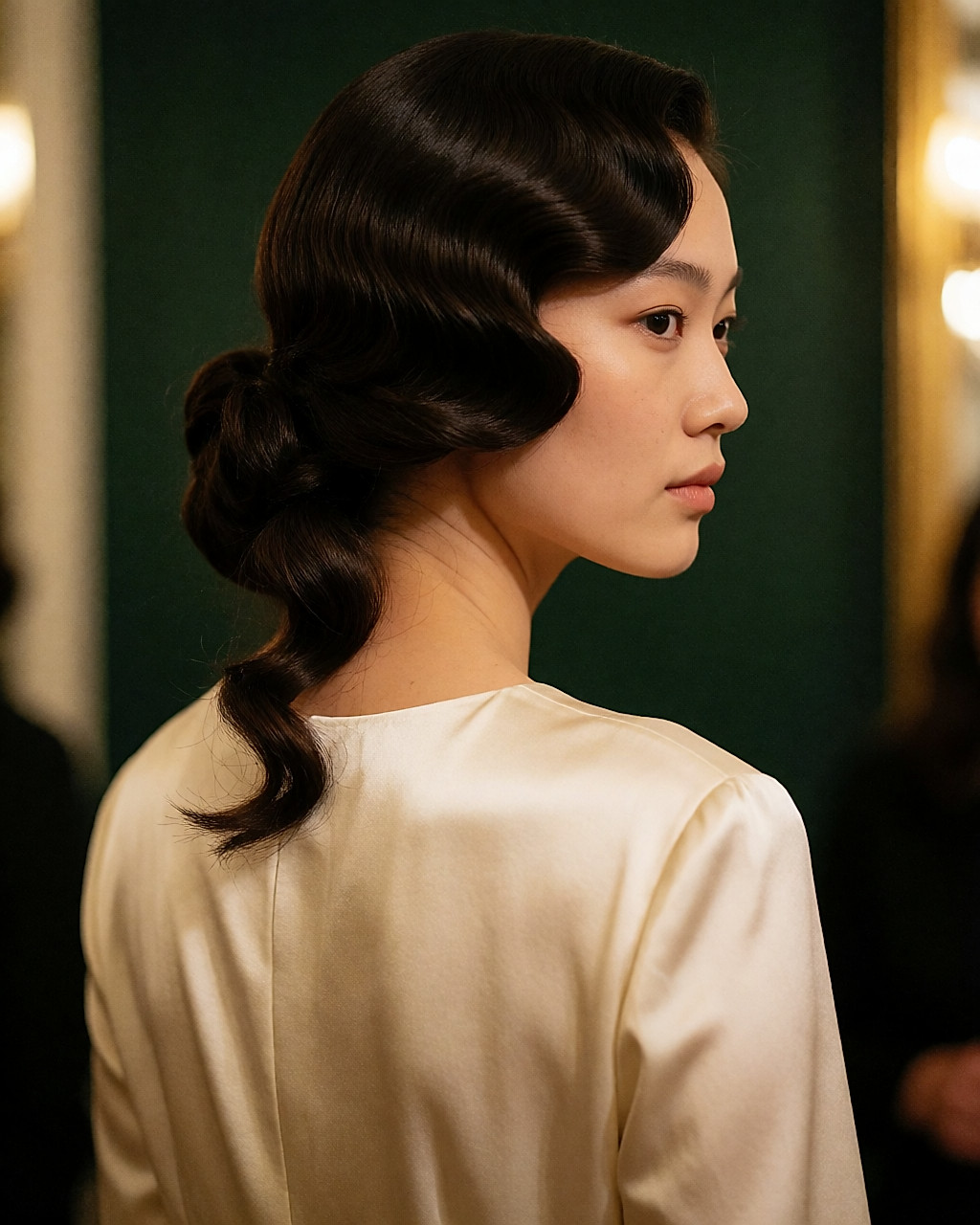 Vagues hollywoodiennes sur le dessus et chignon ondulé bas placé de côté, robe ivoire