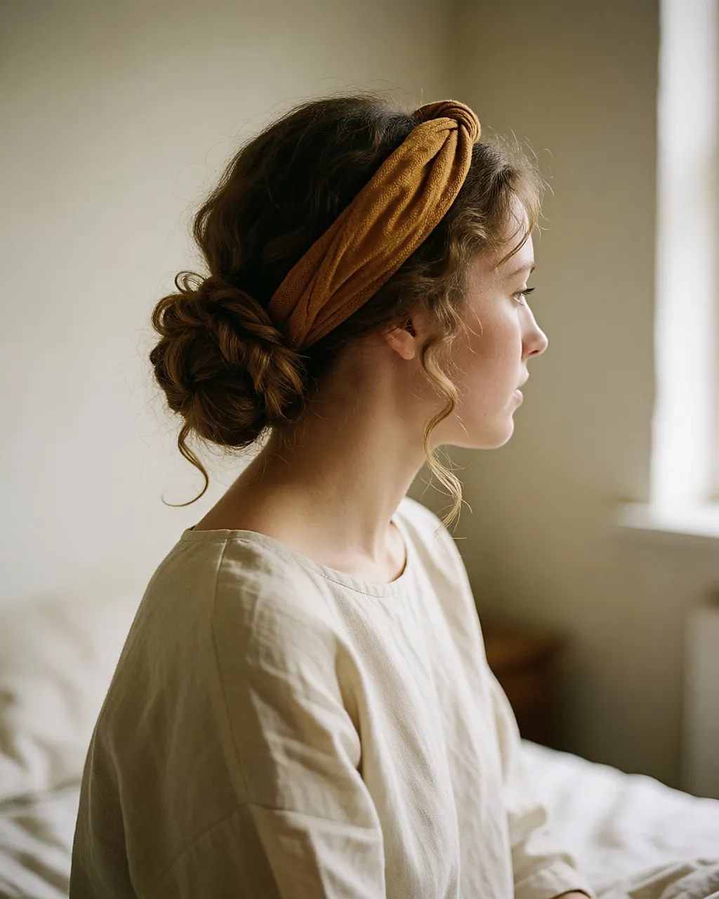 Dreiviertel-Rückansicht eines tiefen Boho-Dutts, geknotetes ockerfarbenes Stoffband, freie Locken, cremefarbene Leinenbluse
