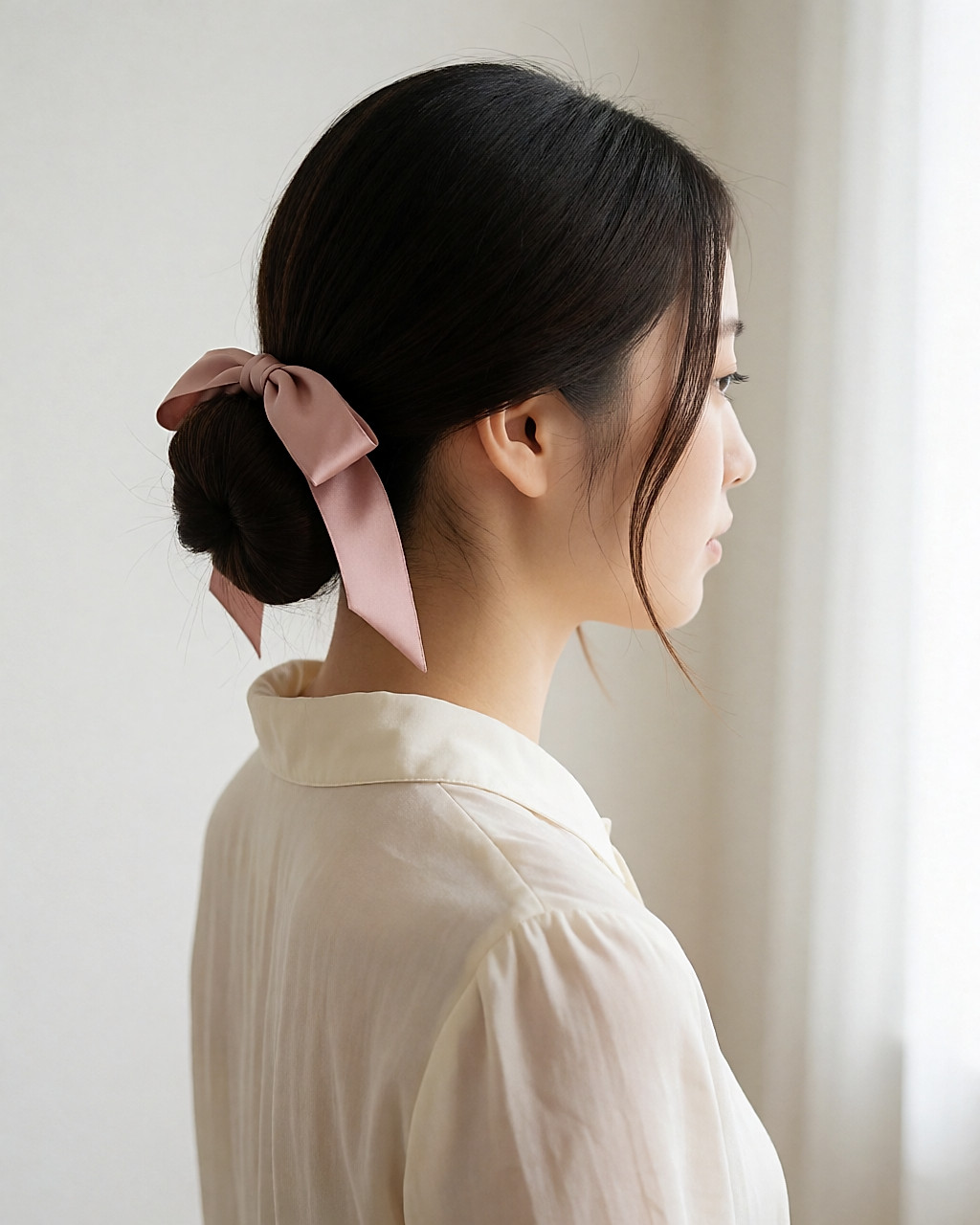 Chignon lissé vu de trois-quarts arrière, ruban de soie rose glissé sous le chignon, chemisier ivoire