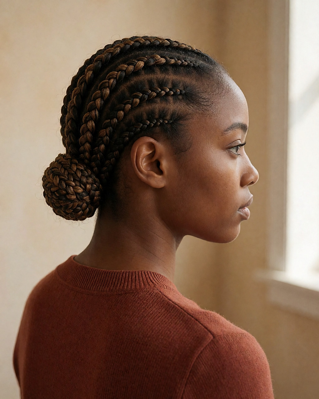 Tresses plaquées depuis le front, enroulées en chignon tressé bas, mèches caramel, haut terracotta