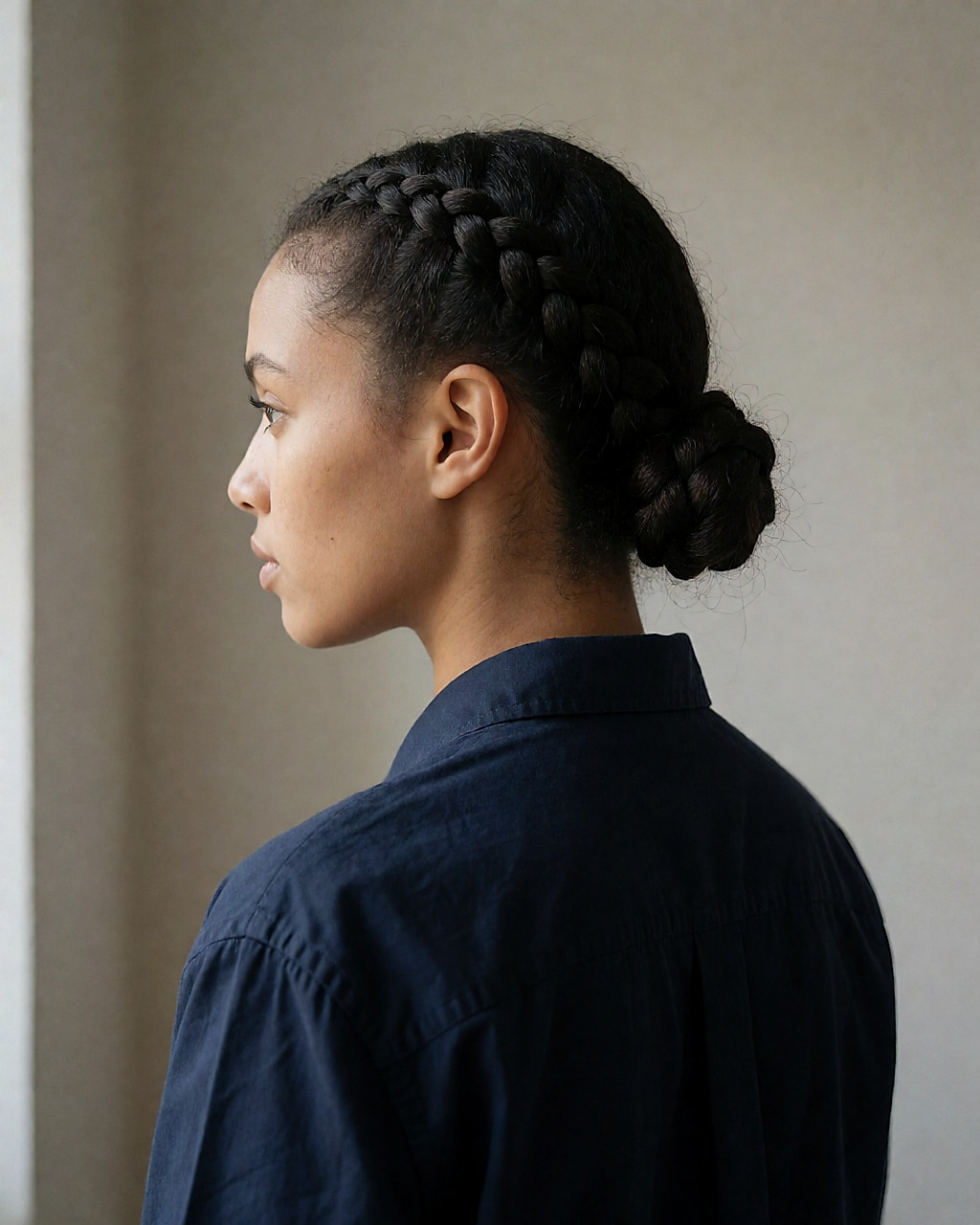 Longue tresse longeant le crâne et s'enroulant en chignon tressé bas, raie asymétrique, chemise bleu marine