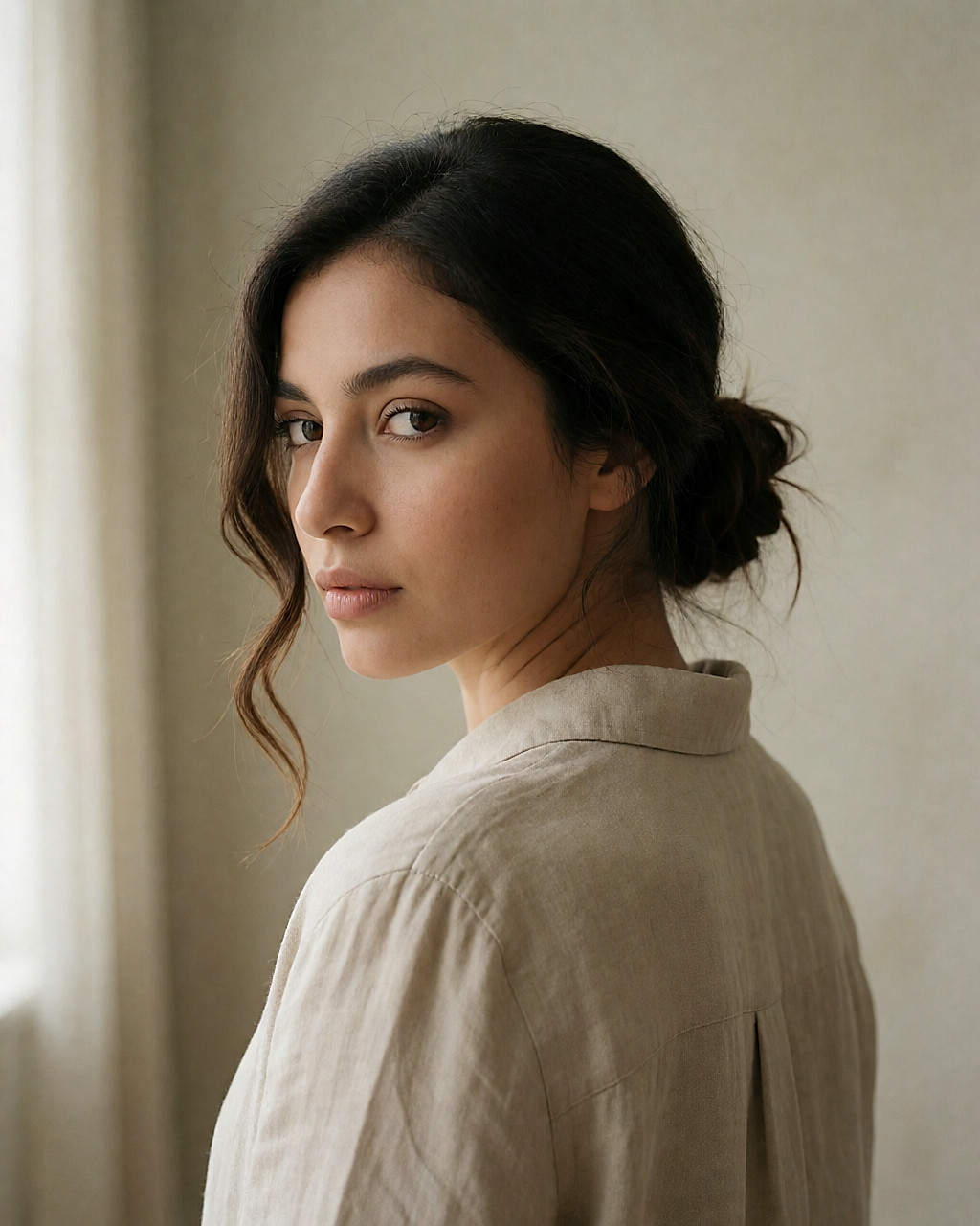 Raie de côté, boucle détendue sur la joue et chignon lâche visible à l'arrière, chemise en lin beige