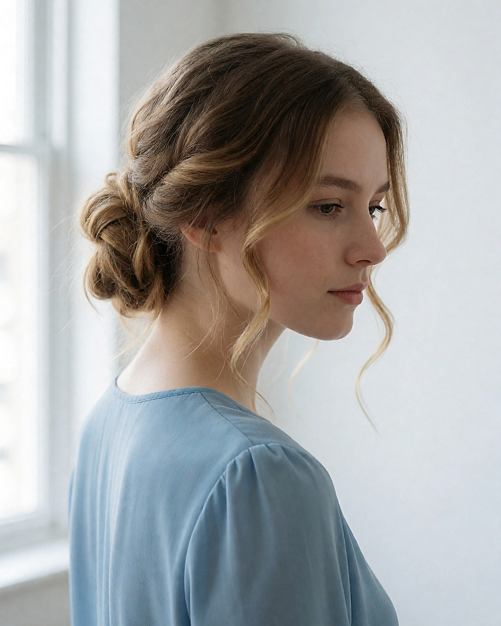 Ondulations encadrant le visage et chignon lâche posé bas sur le côté de la nuque, blouse bleue