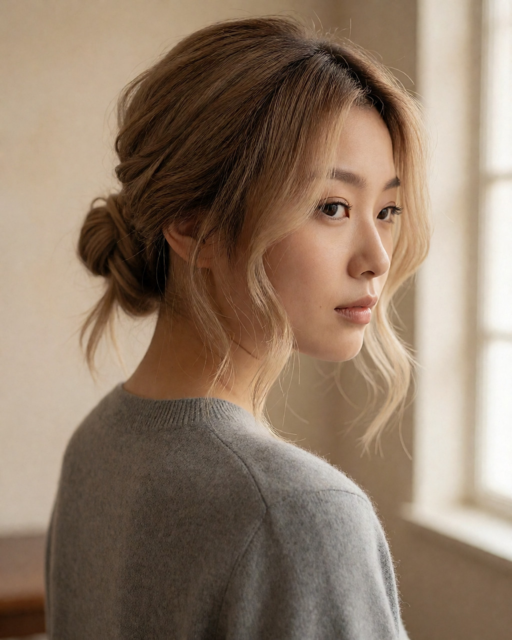 Mèches couleur miel bouclées et lisses, chignon au désordre maîtrisé visible à l'arrière