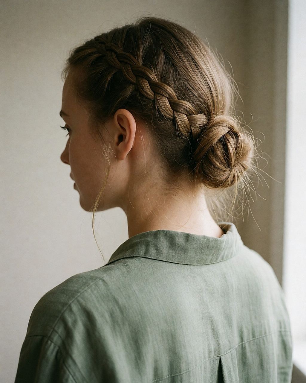 Trois-quarts arrière : fine tresse plaquée le long de la tempe rejoignant un chignon bas flou sur la nuque