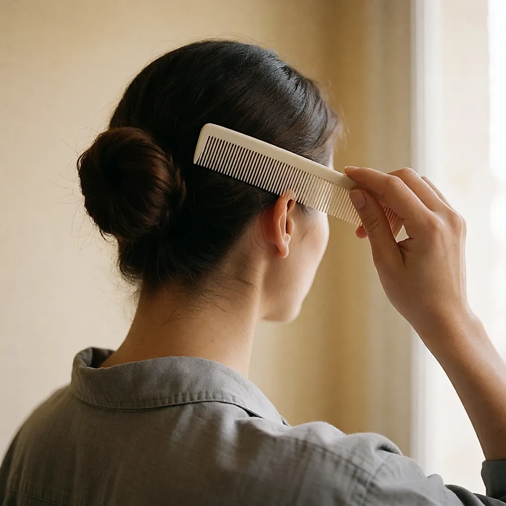 Cheveux lissés au peigne fin, tirés aux racines avant le chignon