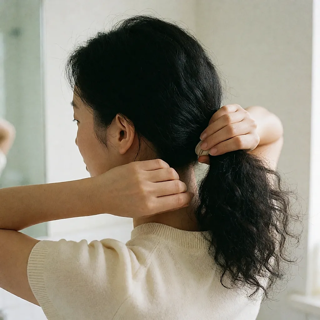 Mains rassemblant les cheveux en queue basse à la nuque