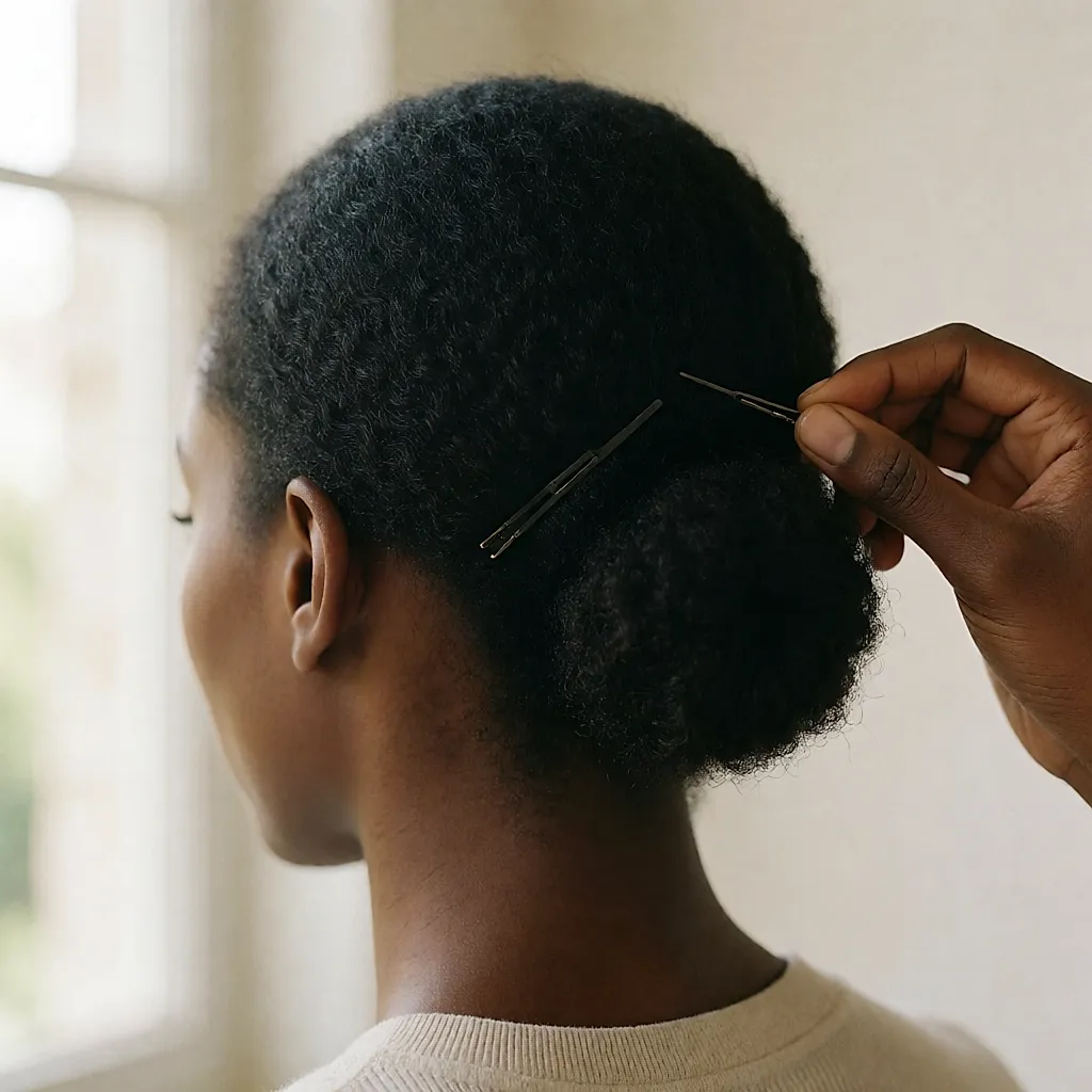 Deux épingles anglaises croisées en X dans la masse du chignon