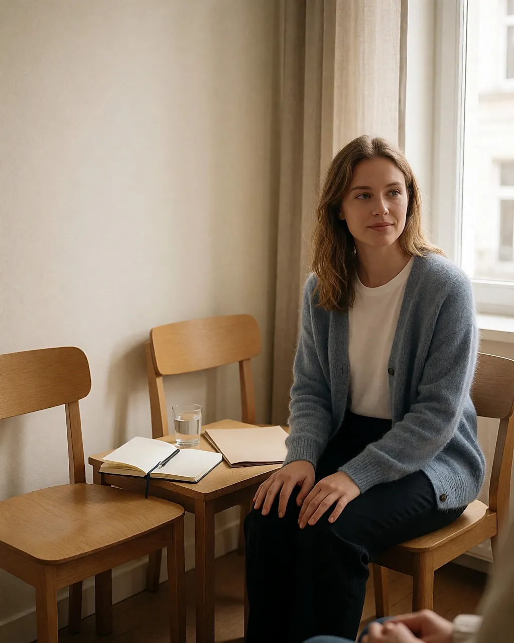 A young woman sits listening calmly in a bright consulting room, a notebook beside her