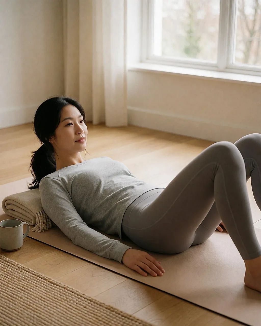 A young woman lying on a mat, hands resting on her ribs, breathing calmly