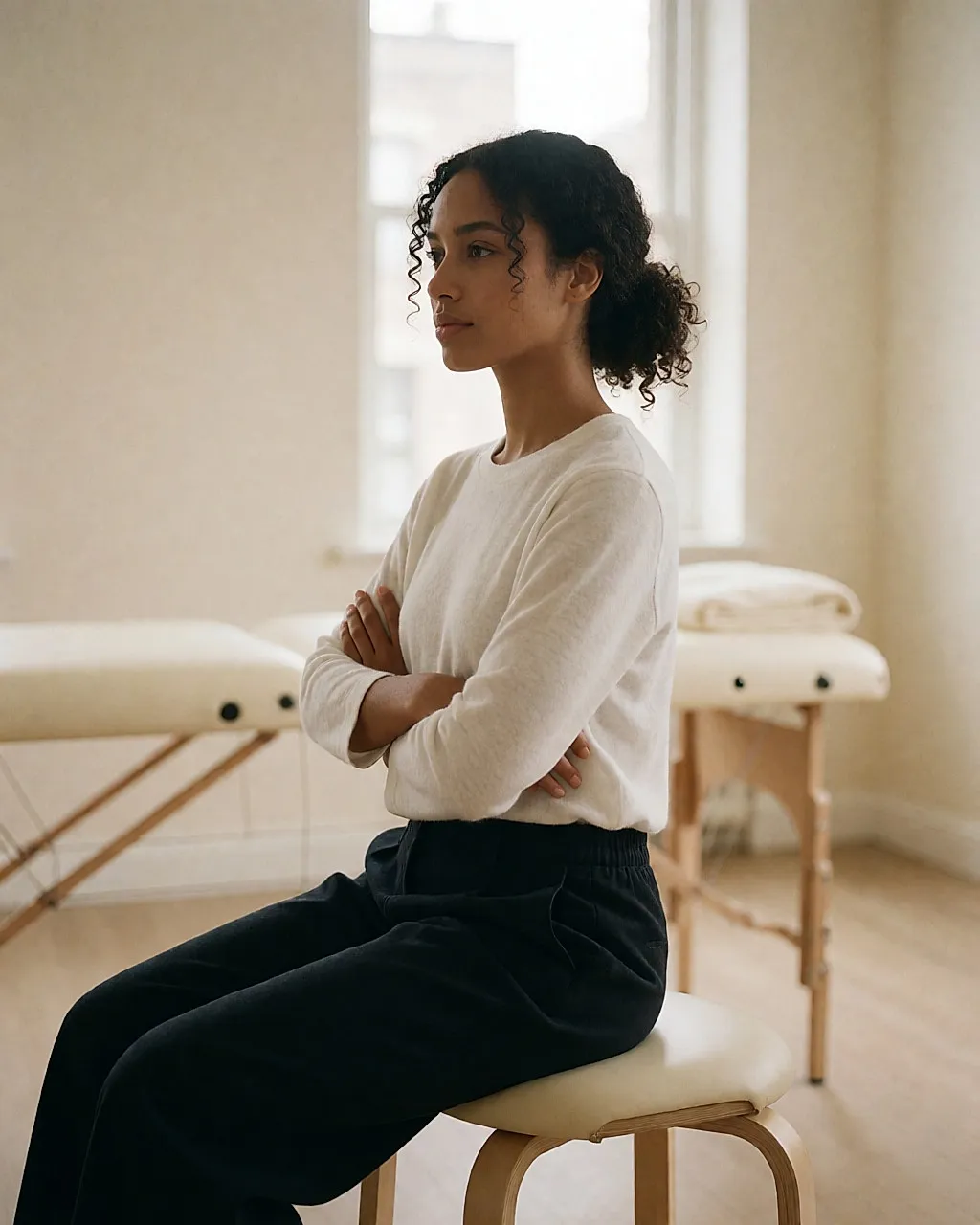 A young woman seated slowly turns her upper body, arms crossed over her chest