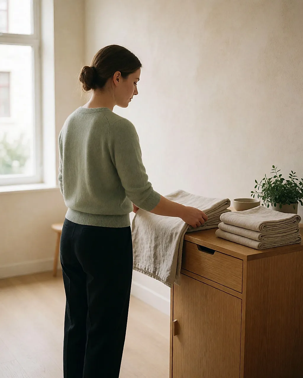 A female chiropractor prepares the treatment couch, hair tied in a low bun