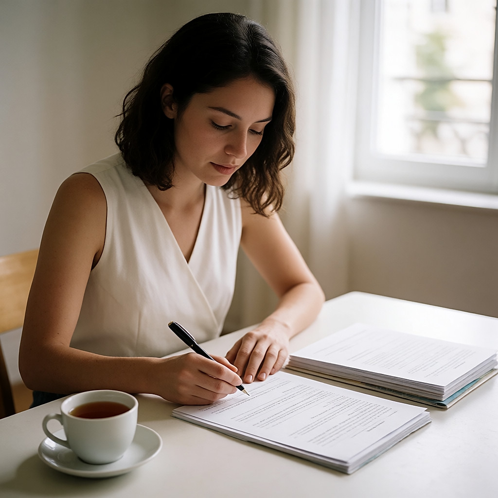 A young woman checks her documents at a table, a cup of tea beside her