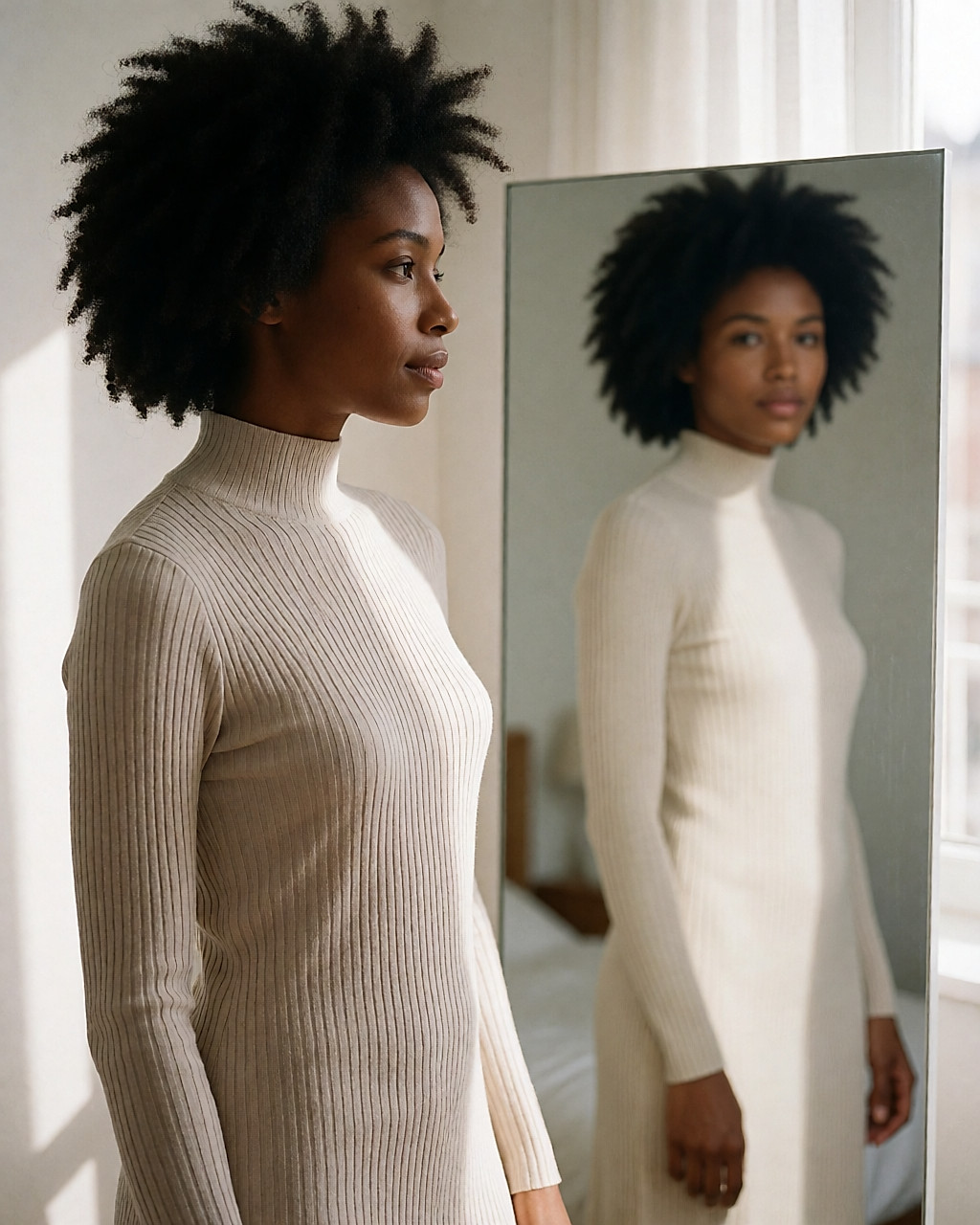 Femme noire de profil devant un miroir