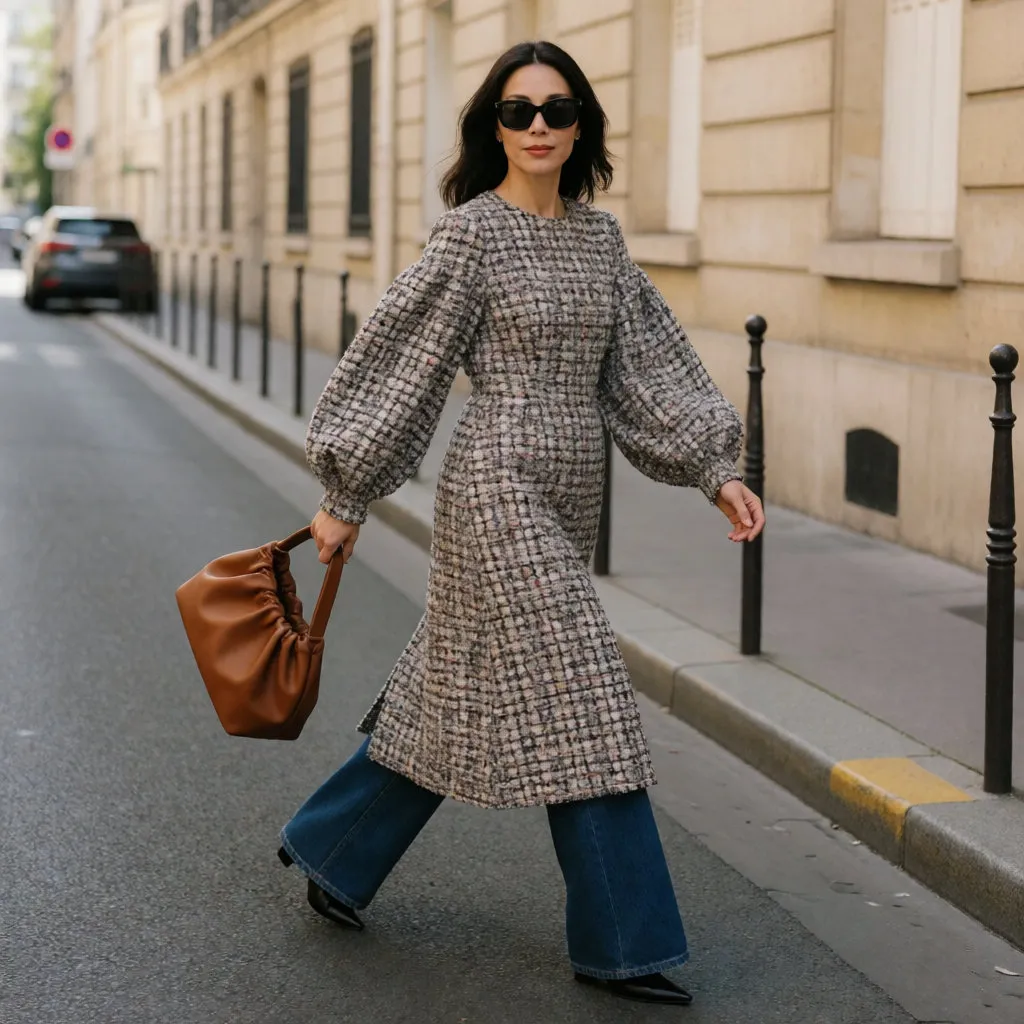 Mujer con vestido de tweed estructurado y jean ancho, bolso de cuero flexible, caminando por París