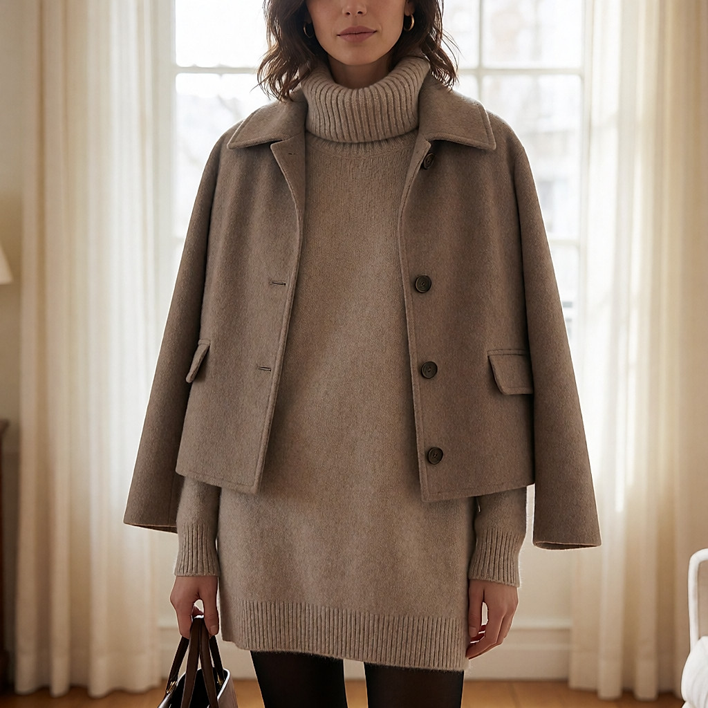 Conjunto Chloé de invierno: short de punto, leotardos de lana y abrigo corto