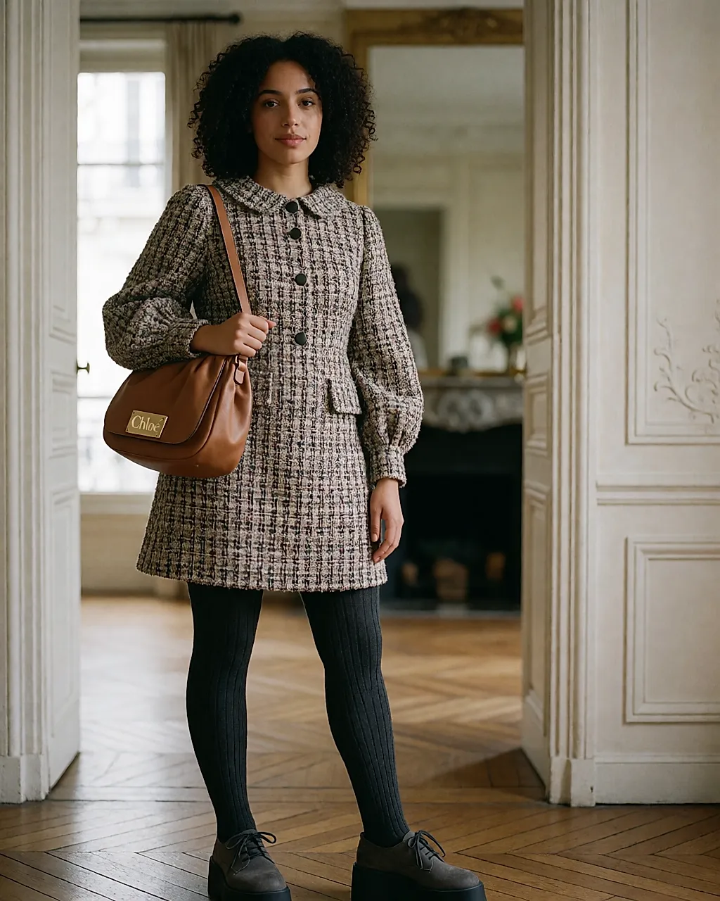 Vestido de tweed de Chloé con cuello redondo y mangas globo, leotardos de lana