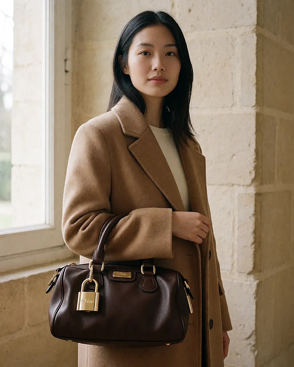 Bolso Paddington de Chloé llevado al brazo, con el candado dorado bien visible