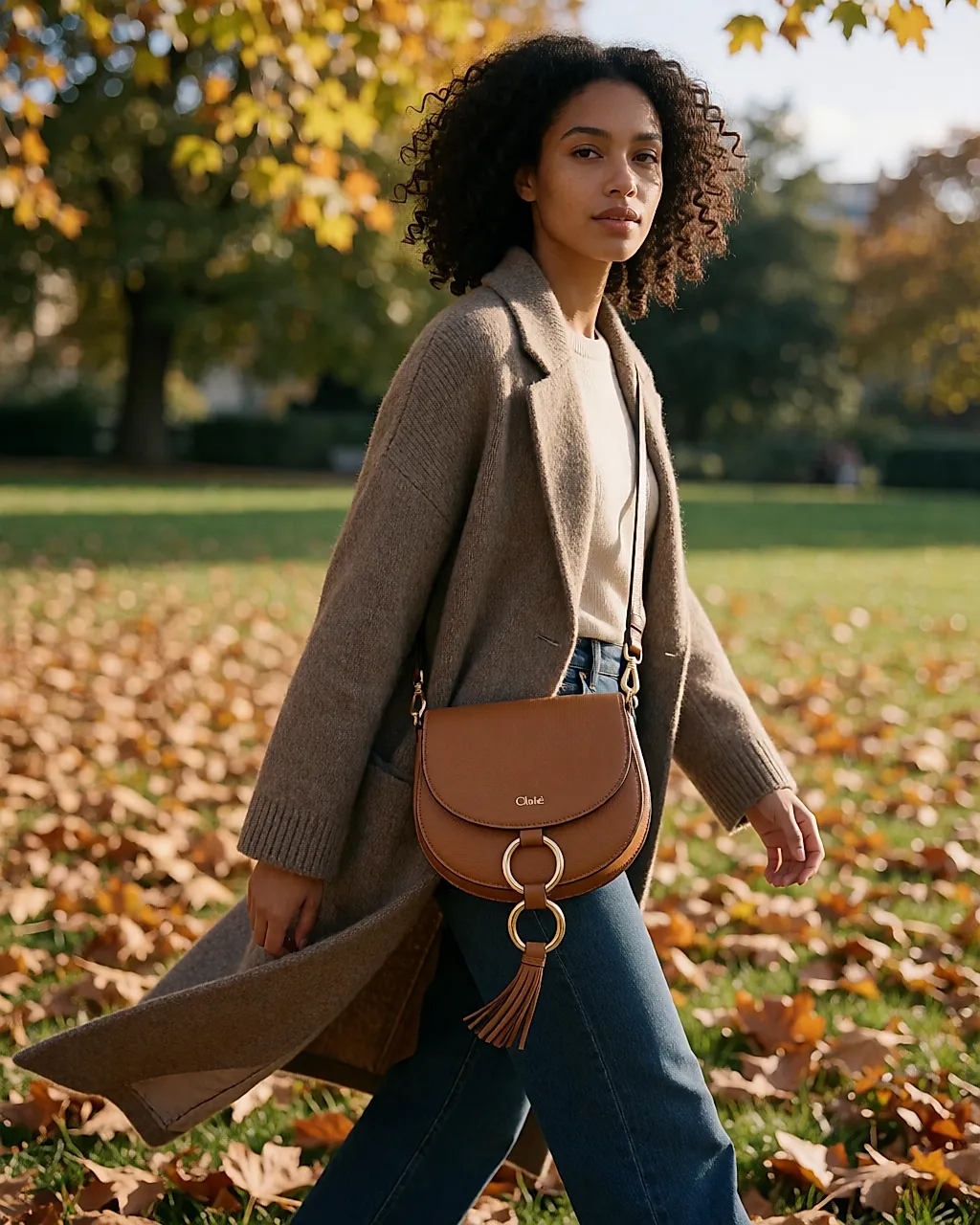Bolso Kerala de Chloé cruzado al hombro en un parque parisino