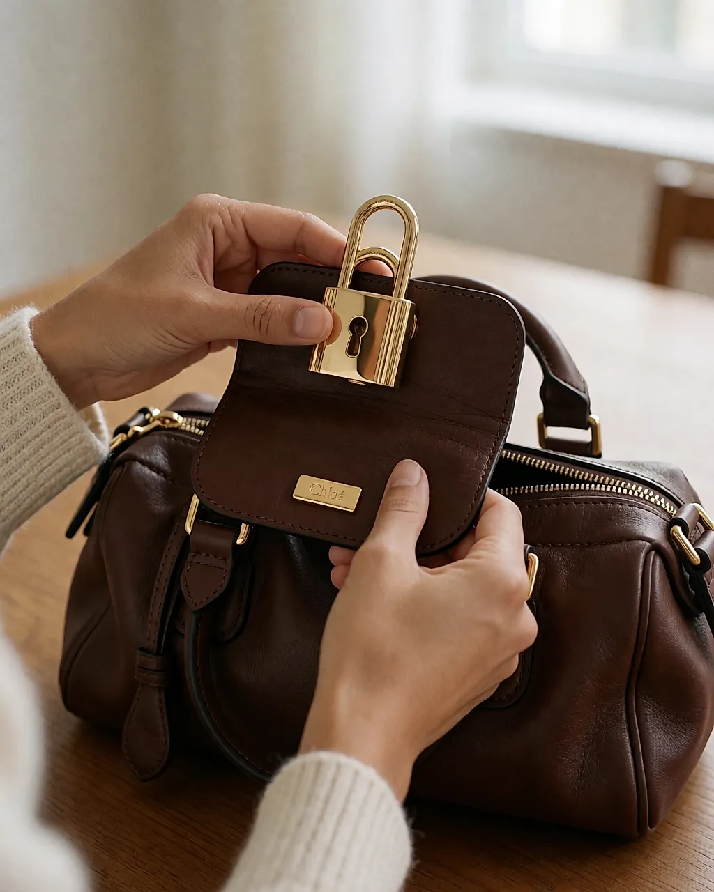 Detalle del candado dorado y la placa Chloé en un bolso Paddington