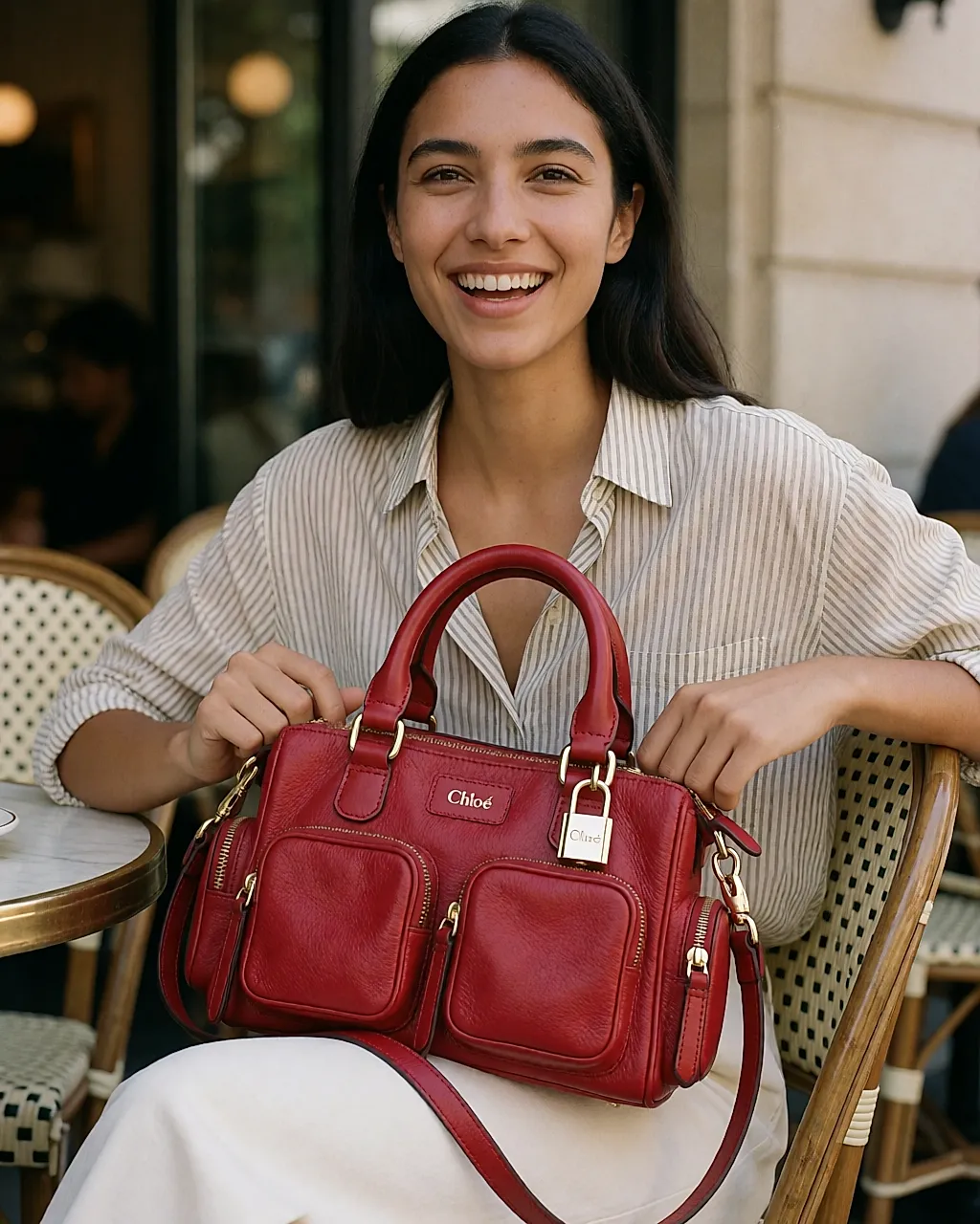 Bolso Bay de Chloé en cuero de color, con bolsillos con cremallera y un pequeño candado