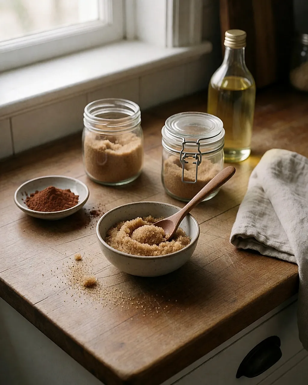 Schale mit selbst gemachtem Peeling aus braunem Zucker, Kakao und Pflanzenöl auf der Arbeitsfläche