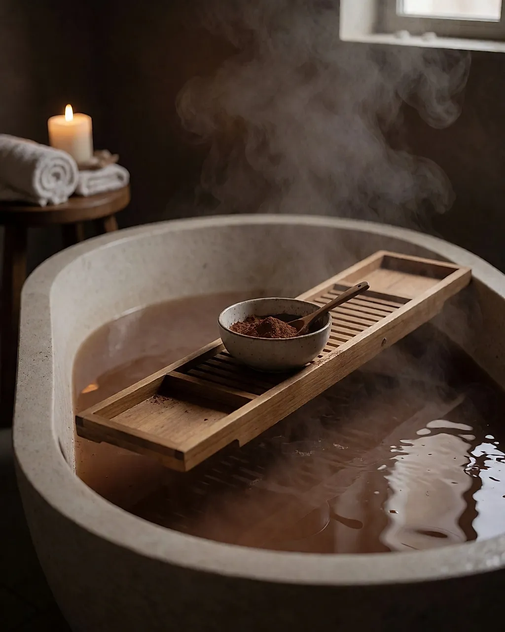 Steinbadewanne mit kakaofarbenem Wasser, Schale mit Pulver und weiße Tücher