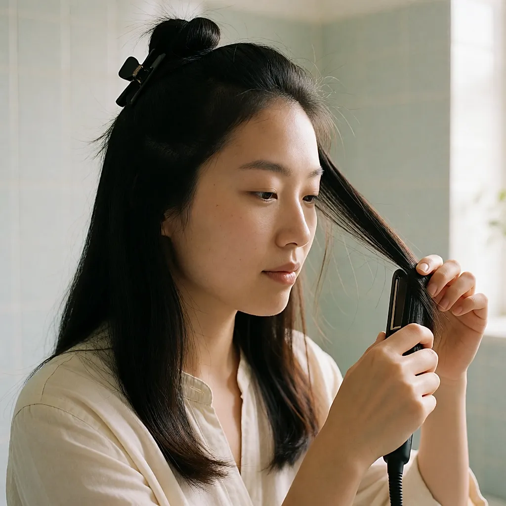 A section of hair clamped between the plates of a straightener, with the hair above it held back by a clip
