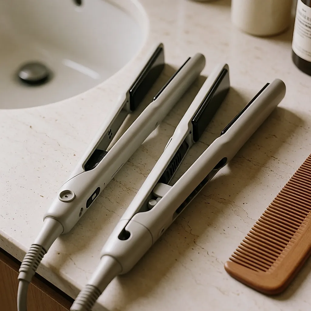 Two pairs of hair straighteners side by side, one with slim plates, the other with wide plates