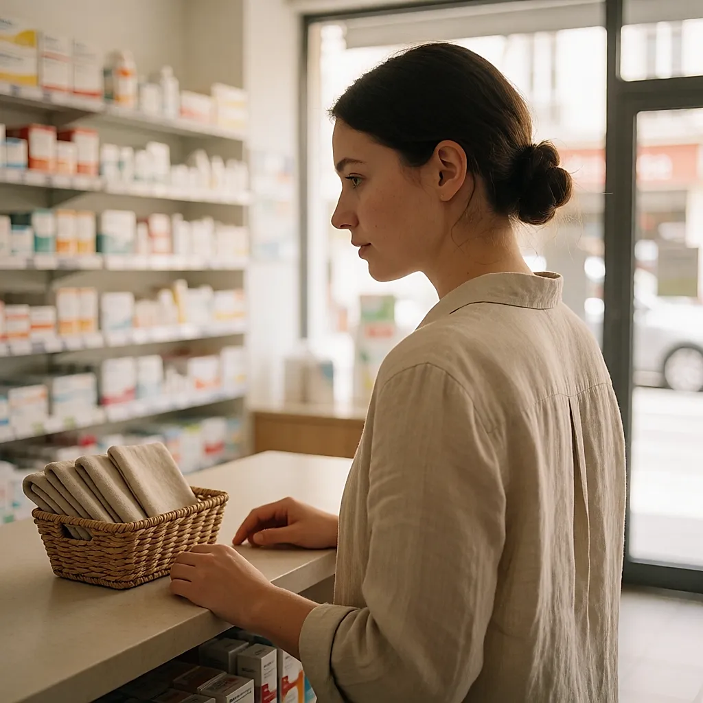 Une femme s'informe au comptoir d'une pharmacie sur les protections réutilisables