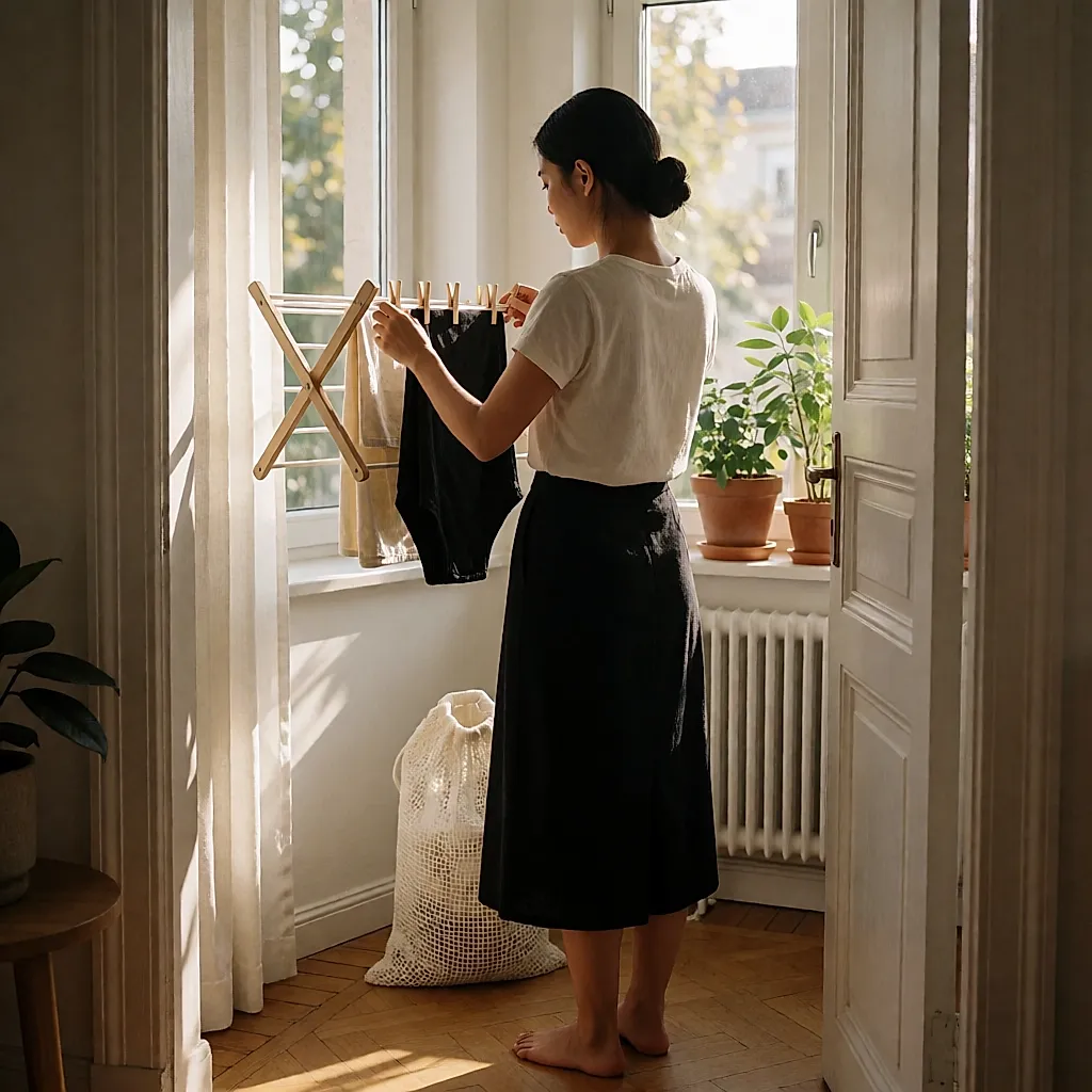 Un séchoir d'intérieur garni de serviettes lavables et d'une culotte près d'une fenêtre