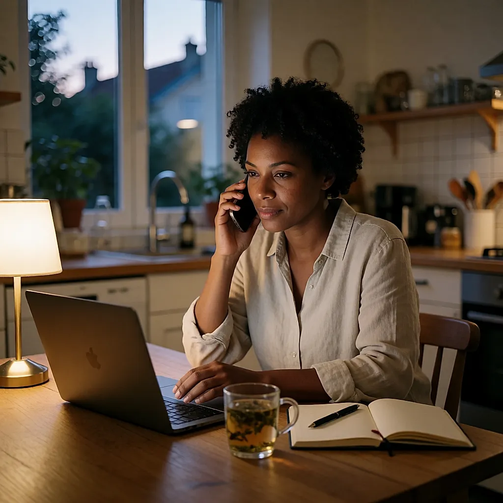 Une femme prend des notes devant son ordinateur, téléphone à la main