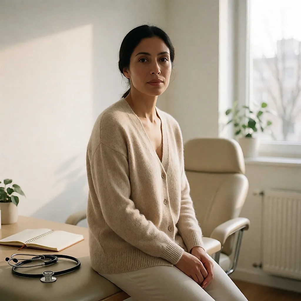 Une femme en consultation chez son médecin traitant, dans un cabinet lumineux