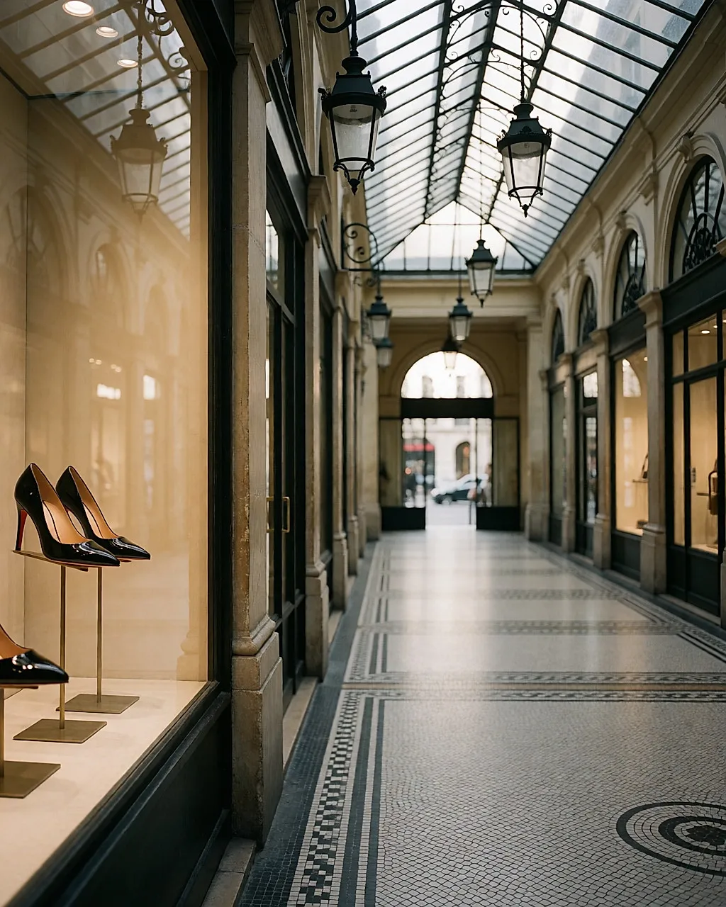 Parisian covered passage and shop window displaying black red-soled pumps